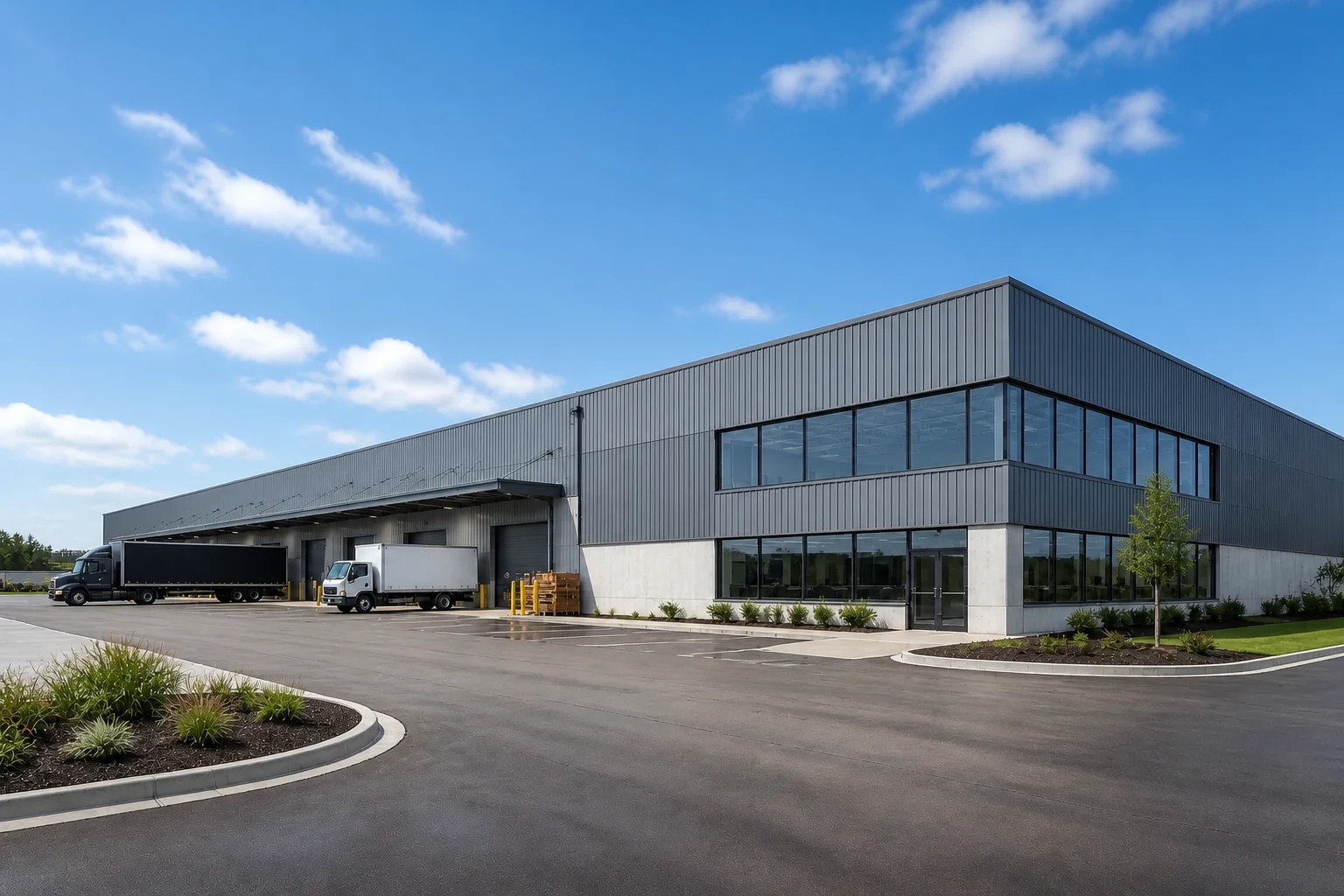 A modern commercial facility with trucks and loading bays