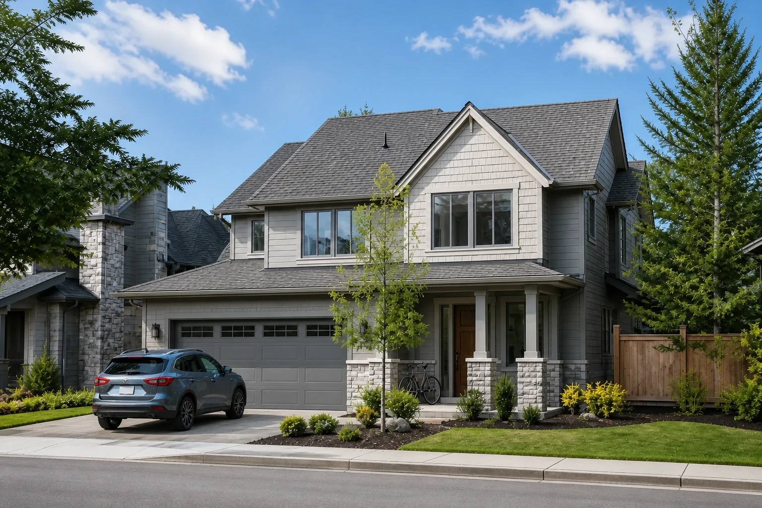 A contemporary family home, car, and bicycle