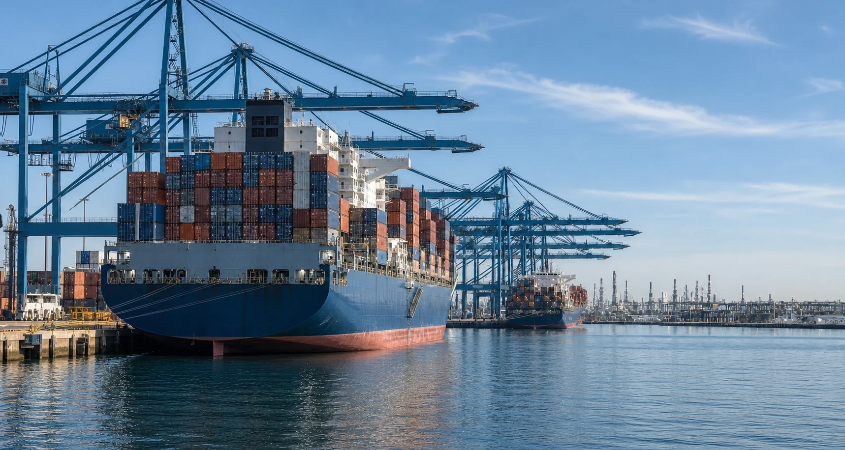 A cargo vessel alongside port infrastructure